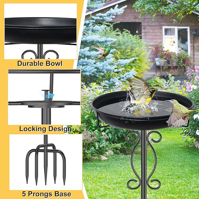 Metal Bird Bath for Outside, 40In Tall Vintage Freestanding Birdbaths & Birdfeeder, Outdoor Bird Bath Bowl with Sturdy 5-Pronged Base for Garden Patio Yard Lawn Decor (Black)