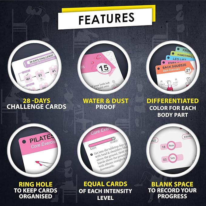 Chair Yoga Workout Cards – 58 Seated Exercise Cards for Strength, Flexibility & Weight Loss | Includes Postures, Instructions & Breathing Tips | Free Ring & Dry-Erase Marker to Customize 28 Day Chair Workout Chart