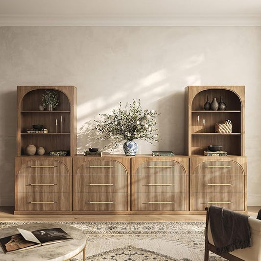 BELLEZE 6-Piece Modular TV Stand Set - 4 Sideboards with Drawers and 2 Storage Hutch, Classic Modern Media Console Table Cabinet with Adjustable Shelves for Living Room (Camel)