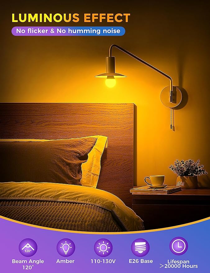 Sleep Light Bulb, Amber Light Bulbs for Sleep Therapy, Blue Light Blocking, 1900K Dim Light Bulbs 60W Equivalent, Mood Soothing Light, E26 A19 Warm Light Bulbs for Bedroom, Nursery, 2 Pack