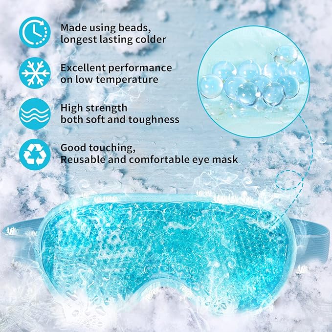Cooling Eye Mask with Gel Bead, Reusable Cold Compress Ice Pack Sleeping Eye Cooling Pads for After Eyelid Surgery, Puffiness, Puffy Eyes, Headache, Migraine Relief(Blue)