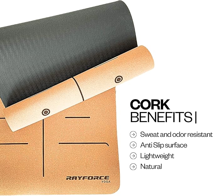 Yoga Mat - Premium Cork & Rubber - Eco-Friendly Non-Slip, Sweat Resistant Mat with Alignment Lines, 6mm Thick for Joint Support - 6mm, Durable & Planet-Friendly Design, 72x26in