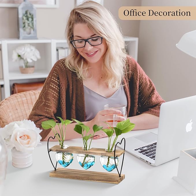 takfot Plant Propagation Station with Wood Stand, Terrarium Tabletop Glass Planter for Hydroponics Air Plants Home Decor, Plant Holder Lover for Mother Family Women 3 Heart Shaped Vase