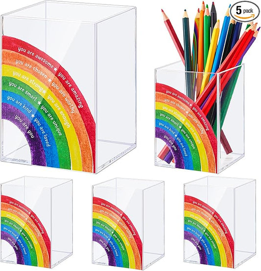 Sherr 5 Pcs Pencil Shaped Pen Holders, Acrylic Pencil Organizer Cups, Cute Creative Stationery Storage, Appreciation Gifts for Teacher Student School Classroom Office Home Desktop Supplies (Rainbow)