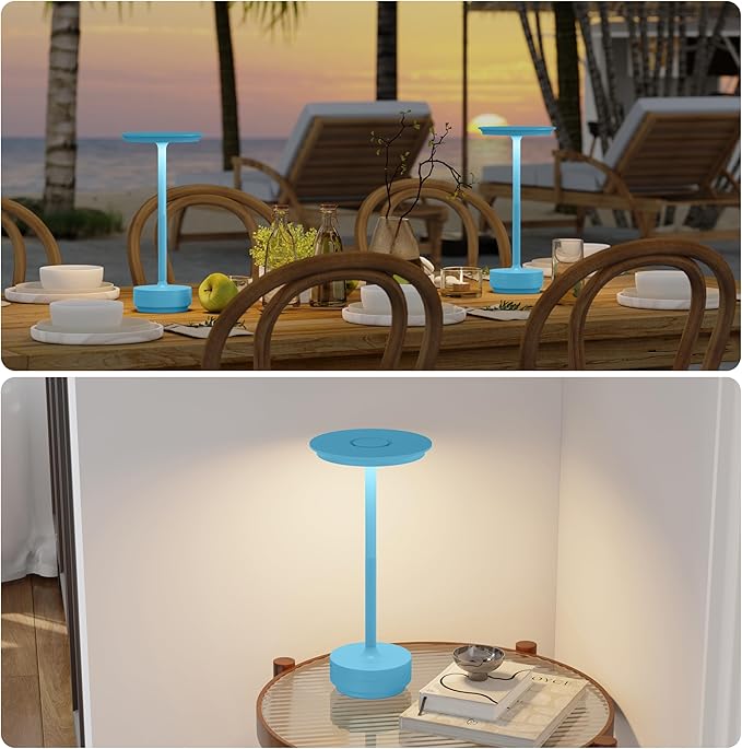 Rechargeable Cordless Table Lamps, Portable 5000mAh Outdoor Table Light, 3 Color Stepless Dimming LED Table Lamp with Memory Function, for Home/Dinner/Patio/Restaurant.(Blue)