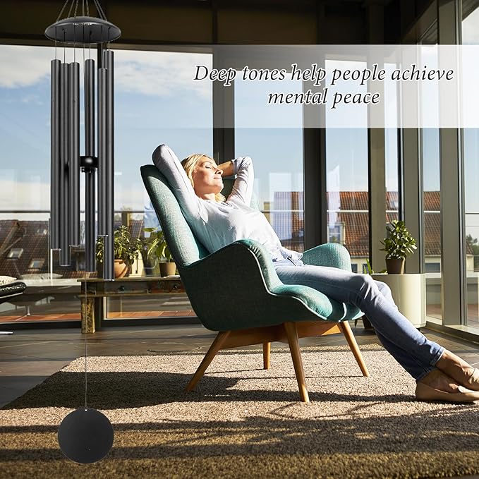 Wind Chimes for Outside, 38-Inch Simple Metal Wind Chimes Deep Tone with 6 Thick Aluminum Tubes – Ideal Gift for Mom or Grandma, Perfect for Garden, Patio, or Backyard Decoration (Black)