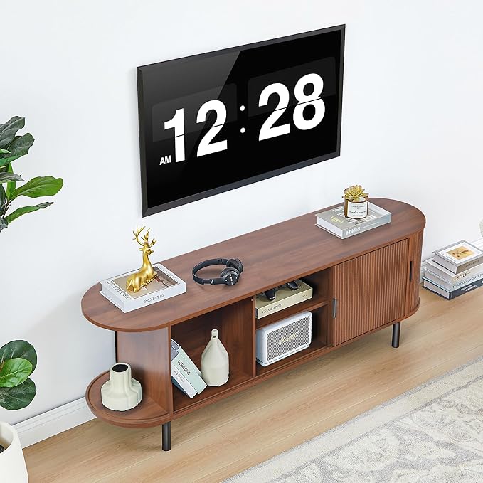 63" Fluted TV Stand for 65/70 Inch, Mid Century Modern Console With Sliding Doors, Curved Gaming Entertainment Center, Media Console for Living Room, Bedroom (Walnut, 63inch-4doors)