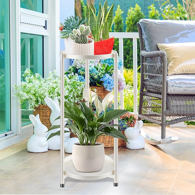 2 Tier Plant Stand Indoor Tall, White Corner Tiered Round Plant Stand for Indoor Multiple Plants, Metal Flower Pot Stands Outdoor Holders Plant Shelf Display Rack for Balcony Living Room