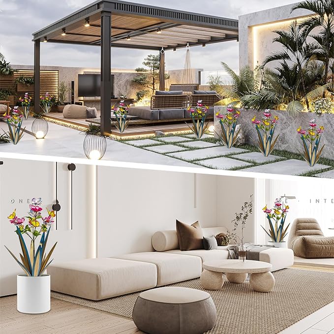 TOMBABY Garden Outdoor Butterfly Enlarge Thickened Wind Resistant Metal Agave Garden Art Metal Plant Country Sculpture Statue Decorations Ornaments Artificial Waterproof Butterflies(Blue 2pcs)