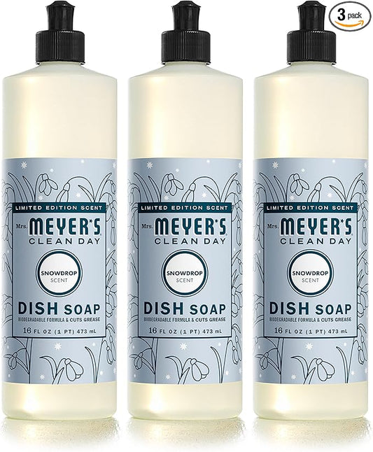 MRS. MEYER'S CLEAN DAY Liquid Dish Soap, Biodegradable Formula, Limited Edition Snowdrop, 16 Fl. Oz - Pack of 3
