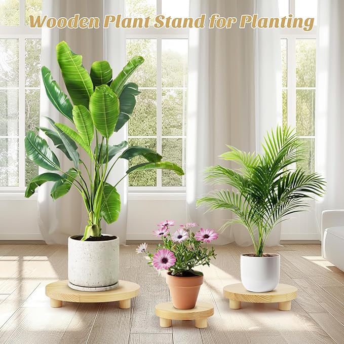 Wood Plant Stand Indoor Outdoor,Plant Stand Risers,Wooden Stool Display Stand for Planter Table,Small Planter Tray for Decor,3PCS,Natural