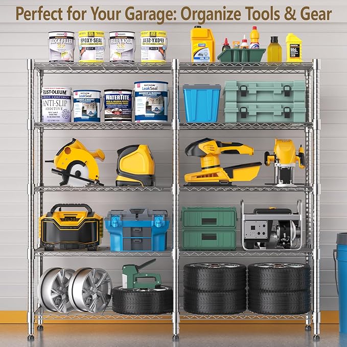 Himimi Storage Shelves-5 Tier Heavy Duty Wire Shelving Unit with Leveling Feet, 1500LBS Adjustable Metal Shelves Organizer for Kitchen Garage Pantry Laundry, 60" W*14" D*72" H, Silver