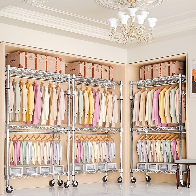 Heavy Duty Rolling Garment Rack 3 Tiers Adjustable Wire Shelving Clothes Rack with 2 Rods and Side Hooks, Storage Closet Clothing Rack with Wheels Chrome 17.7" D x 47.2" W x 83.6" H