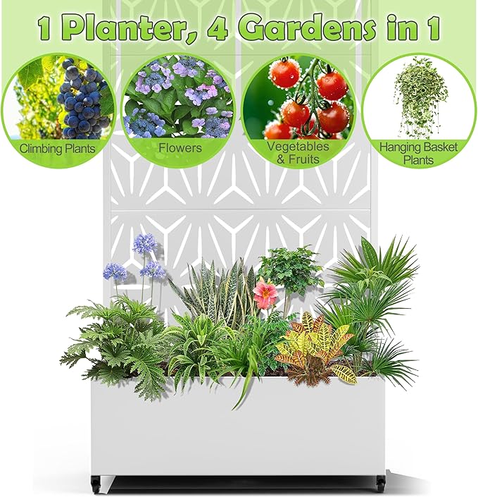 15.7"×70.9"×35.4" Metal Raised Garden Bed with Trellis and Wheels - Tall Trellis Planter Box for Climbing Plants, Vegetables & Vines - Outdoor Privacy Planters for Patio (White-Star)