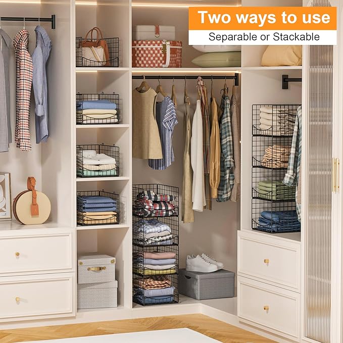 4-Tier Stackable Closet Organizers and Storage Shelves, Clothes Storage Basket, Clothes Shelf Organizer Sweater Organizer Bins Container for Wardrobe Kitchen Bathroom Office, Black