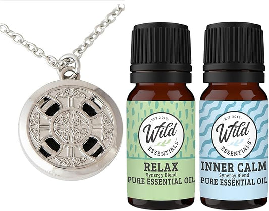 Wild Essentials Celtic Cross Essential Oil Diffuser Necklace Gift Set with Inner Calm & Relax Oils – Nickel Free Alloy Pendant with 12 Color Pads – USA Made Oils & Perfume Necklace – Family Company