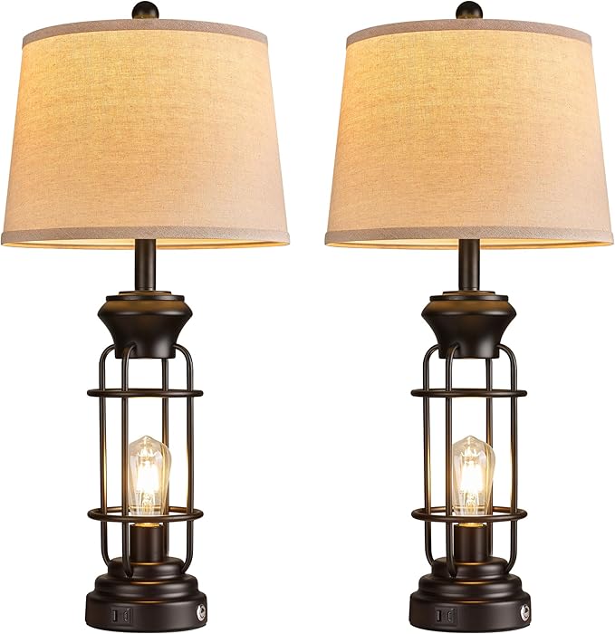 Black Table Lamps Set of 2, 28.5" Farmhouse Lamps for Living Room with USB C+A Ports, Touch Lamps for Bedroom, LED Bulbs Included