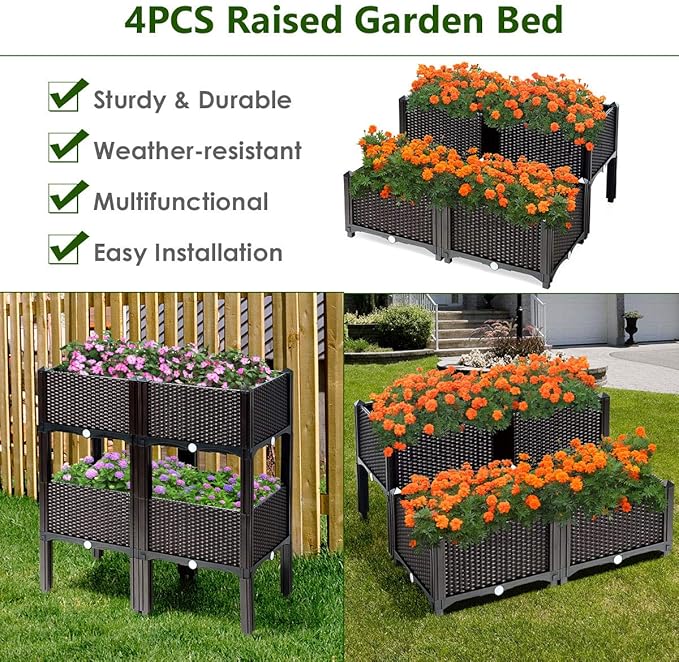 S AFSTAR Raised Garden Bed Kit, Set of 4, Elevated Planter Boxes with Self-Watering Design & Removable Legs, Outdoor Plastic Planter Box for Patio Yard Balcony Gardening, Rattan Pattern (Brown)