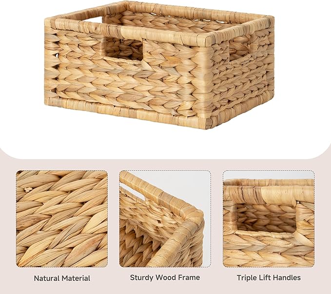 StorageWorks Wicker Basket for Organizing, Pantry Organizer with Wooden Frame, Water Hyacinth Storage Basket for Shelves