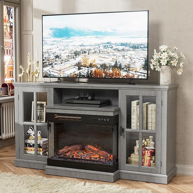 JUMMICO Fireplace TV Stand for TVs up to 65'', 3-Sided Glass Media Entertainment Center Console Table with Cabniet Storage Adjustable Flame LED Color for Living Room (Wash Grey)