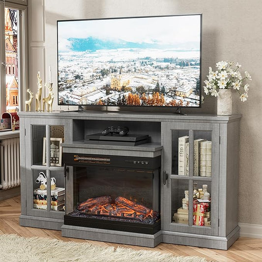 JUMMICO Fireplace TV Stand for TVs up to 65'', 3-Sided Glass Media Entertainment Center Console Table with Cabniet Storage Adjustable Flame LED Color for Living Room (Wash Grey)