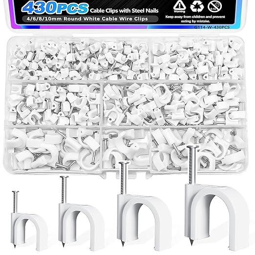 mxuteuk 430PCS Cable Clips with Steel Nails,4/6/8/10mm Round White Cable Wire Clips,Wall Clips for Cords,Cable Cord Clips for RG6 RG59 CAT6 RJ45