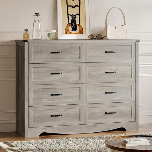 8-Drawer Dresser for Bedroom, Modern Wooden Chest of Drawers with Metal Handles, Anti-Tipping Design, Sturdy and Stable Storage Organizer for Living Room, Entryway, Home Office, Standard