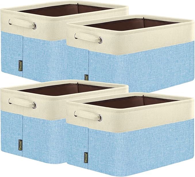 BALEINE 4 Pack Fabric Storage Bins for Shelves, Linen Storage Baskets for Organizing, Decorative Closet Bins for Clothes, Home (Skyblue, 14''x10''x8.5'')