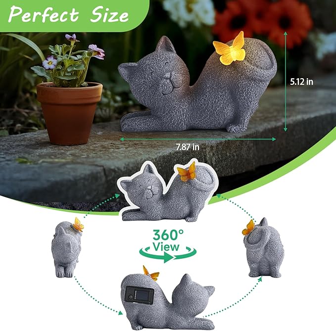 Solar Cat Garden Statue with Glowing Butterfly, Outdoor Resin Cat Figurine with Solar Light, Waterproof Yard Decor for Patio, Lawn, Porch, and Unique Garden Gifts for Cats Lovers