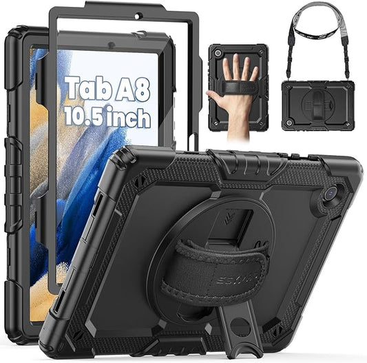 SEYMAC for Samsung Galaxy Tab A8 Case 10.5 Inch (SM-X200/ X205/ X207), Heavy Duty Full-Body Shockproof Protective Case with Screen Protector, Rotating Stand, Hand/Shoulder Strap and Pen Holder, Black