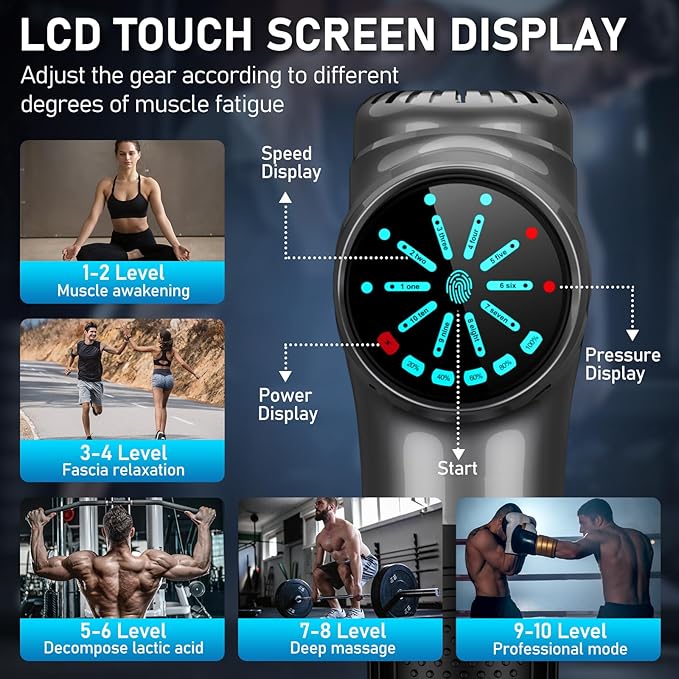 RAEMAO Massage Gun, Massage Gun Deep Tissue, Back Massage Gun for Athletes for Pain Relief Attaching 10 PCS Replacement Heads, Percussion Massager with 10 Speeds & LED Screen, Grey