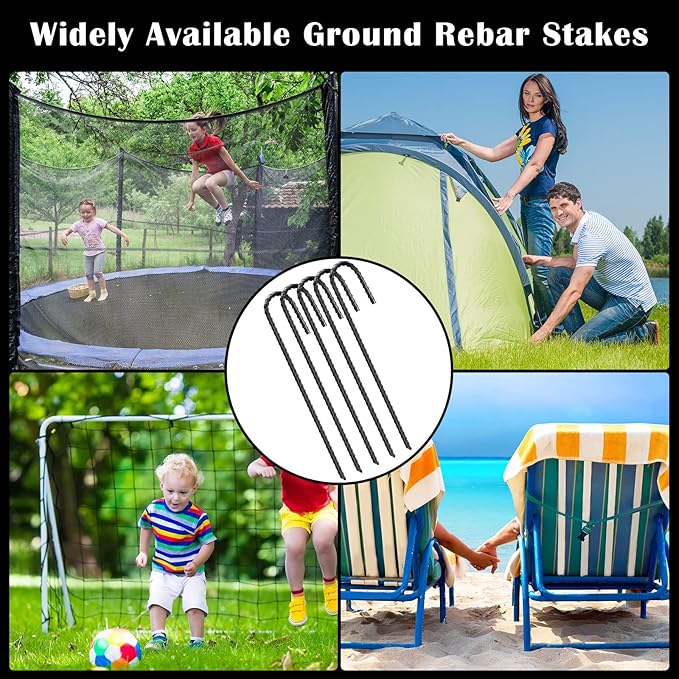 Sadnyy 36 Pcs 12 Inch Rebar Stakes Metal Chain Link Anchors for Ground Fence Garden Heavy Duty J Hook Black Steel Tent Post Stake with Chisel Point End Anchor Curved Plant Support for Trampoline