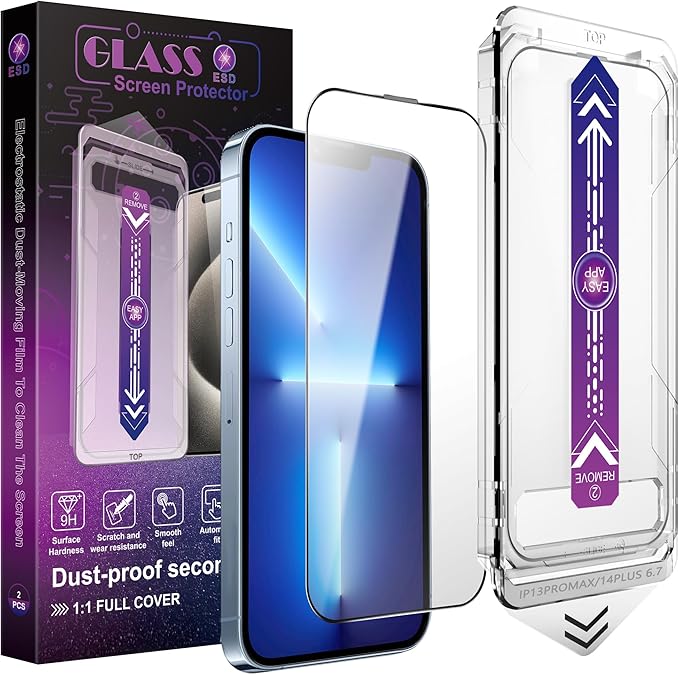 2 Pack Screen Protector for iPhone 13 Pro Max/iPhone 14 Plus, 9H Tempered Glass, Full Coverage, Anti-Fingerprint, Auto Dust-Elimination, No Bubble, Easy Installation
