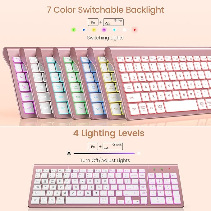 SABLUTE Wireless Keyboard with 7 Colored Backlits, Rechargeable Silent Compact Cordless Computer Keyboard with Low Profile Quiet Light Up Keys for Windows, PC, Linux, Chrome, Mac (Rose Gold)