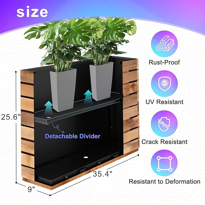 Tall Metal Planter, 9" W×25.6" H Large Rectangular Planter Box for Outdoor or Indoor, All-Weather Durable Plant Box with Drainage Holes & Removable Shelf for Patio, Porch, Garden, Trees, Flowers