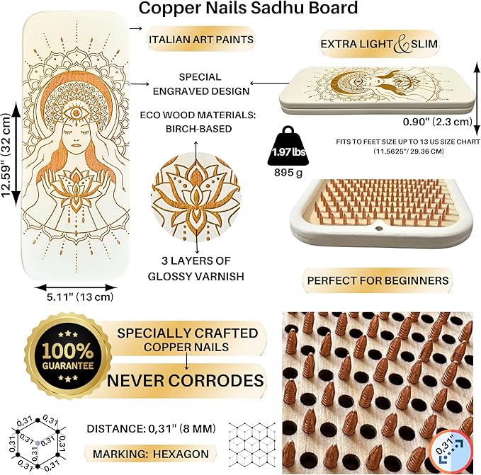 TENGRY Sadhu Board, Specially Crafted Aluminum & Copper Nails, Light Nail Board, 0.31 IN (8 mm), Beginners, Hexagon, Slim Sadhu Wood Board for Standing on Nails, Acupuncture Foot Massage, Yoga Gift