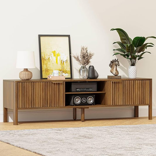 Wood TV Stand, Mid Century Modern Entertainment Center with Storage, TV Table with Fluted Door Cabinets and Open Adjustable Shelves for Livingroom, Bedroom, Walnut