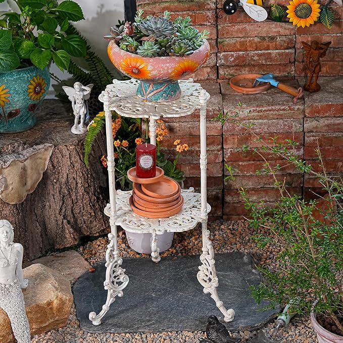 Sungmor Vintage Cast Iron 2-Tier Plant Stand, Elegant Butterfly & Floral Design with Antique White Finish, 24 Inch Tall Rustic Flower Pot Holder, Heavy Duty Metal Display Shelf for Indoor and Outdoor