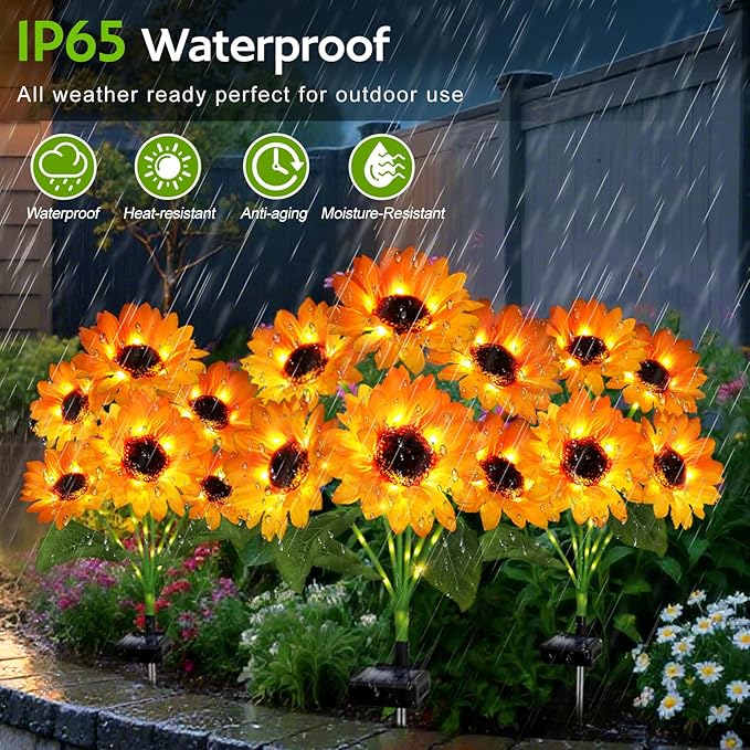 Solar Garden Lights Outdoor, 6 Pack Solar Sunflower Lights with 36 Head 3.4 Inch Flowers, Waterproof Flowers Light Fall Decor Auto ON/Off for Garden Yard Patio Backyard, Gifts for Mom Women