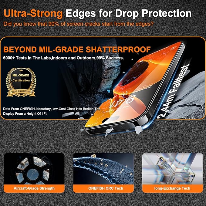 OneFish for iPhone 16 Plus 6.7 inch Tempered Glass Screen Protector 2 Pack Auto Dust-Elimination Easy Installation HD Clear Screen Protector