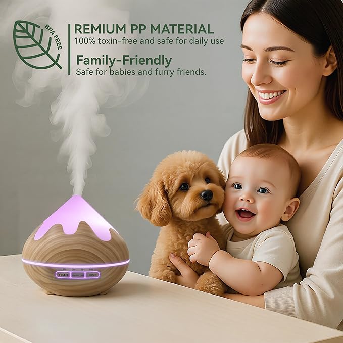 500ML Essential Oil Diffuser, Aromatherapy Diffuser with Remote Control, Multifunctional Air Diffusers for Home Office Room, Fragrance Aroma Diffuser with 7 Color LED & 2 Mist Mode, Brown