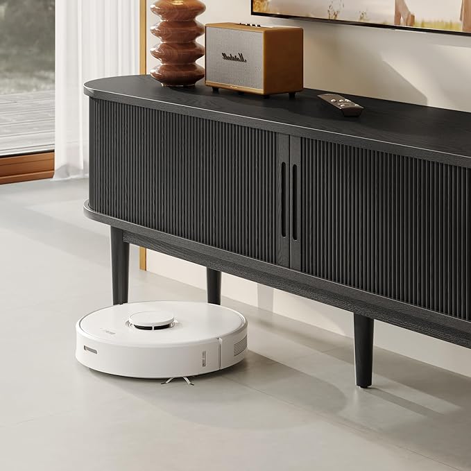 LINSY HOME 70" Fluted TV Stand for TVs up to 80 Inch, Mid Century Modern Entertainment Center with Storage Cabinet and Sliding Doors, Farmhouse Wood Media TV Console for Living Room, Bedroom, Black