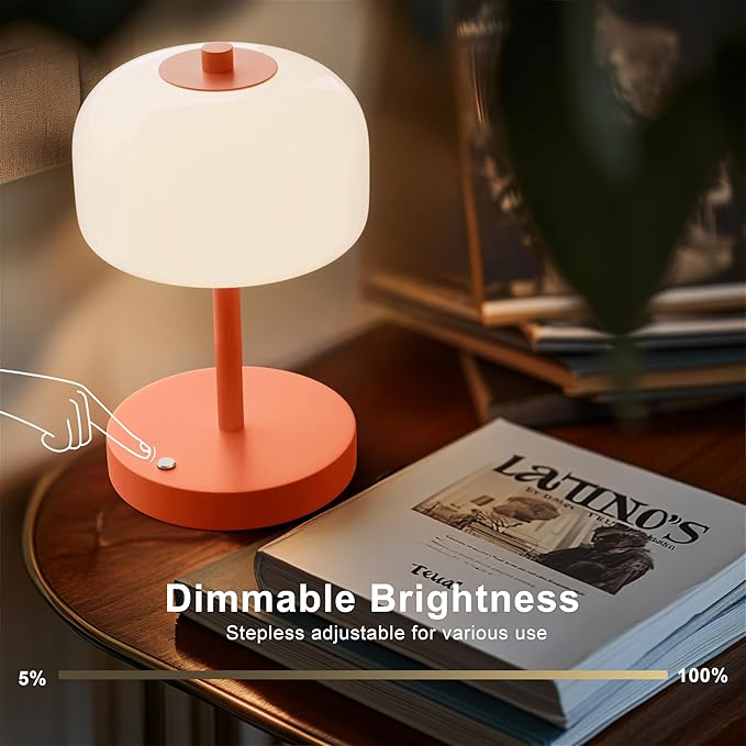 Oneach 9" Cordless Table Lamp, Orange Rechargeable Battery Operated Lamp, 3-Way Stepless Dimming Touch Lamps, Small Glass Bedside Nightstand Light for Bedroom Dining Table Living Room Shelf Decor