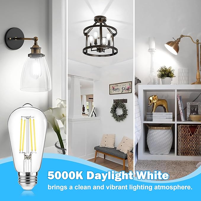 Vintage LED Edison Bulbs 60W Equivalent 850 Lumens, 6W Edison Light Bulb Daylight White 5000K, ST58 LED Filament Bulb E26 Base, Non-Dimmable, Clear Glass, Pack of 6