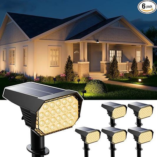 6 Pack Solar Powered Outdoor Spot Lights Outside Landscape Waterproof 24 LEDs Spotlights Dusk to Dawn for House Yard Tree, Backyard, Path, Garden, Statues, 3 Modes Accent Lighting (Warm White)