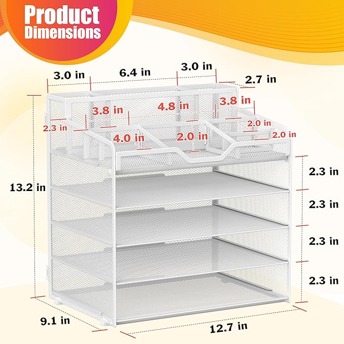 Docnest 5 Tier Mesh Desk Organizer for Paper Office Supplies – Multi-Functional Letter Tray with 5 Adjustable Compartments, 3 Pen Holders, Desktop Storage for Files, Mail, Stationery – White