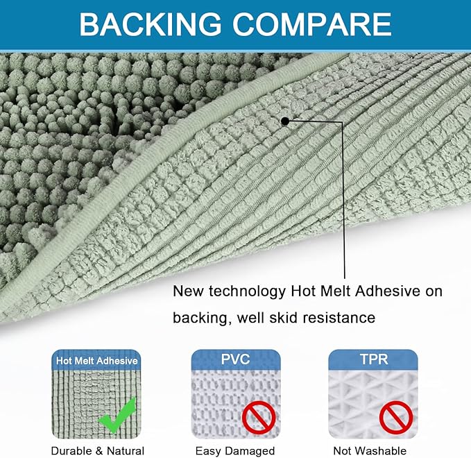 H.VERSAILTEX Bath Rugs for Bathroom Non Slip Bath Mats Extra Thick Chenille Striped Rug 20" x 32" Absorbent Non Skid Fluffy Soft Shaggy Washable Dry Fast Plush Mat for Indoor, Bath Room, Tub - Sage