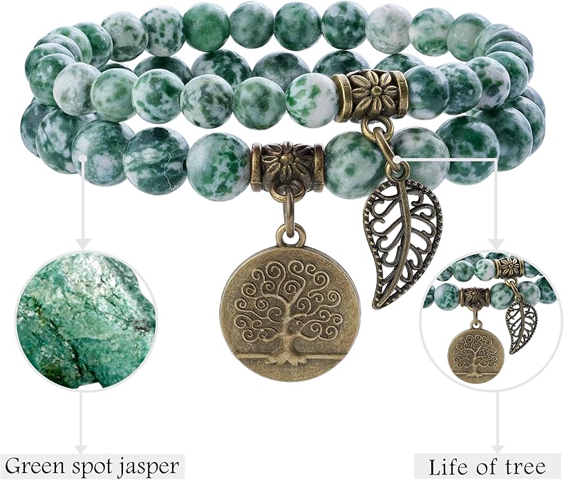 Bivei Natural Semi Precious Gemstone beads bracelet for women - Life Tree and Leaf Charm Energy Reiki Crystal Stretch Bracelets
