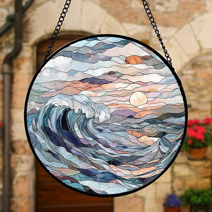 Stained Glass Window Hanging, Sunrise Waves Sun Catchers Diamond Glass Panel Hangings Abstract Suncatcher Decor for Birthday for Women, Men, Wife, Aunt, and Mom 9.8 in