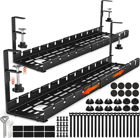 Shikha 2 Pack Cable Management Under Desk, 15.7"-31" Retractable Cable Management Tray, No Drilling Cord Organizer with Clamp for Desk, Under Table Wire Management Tray for Home Office